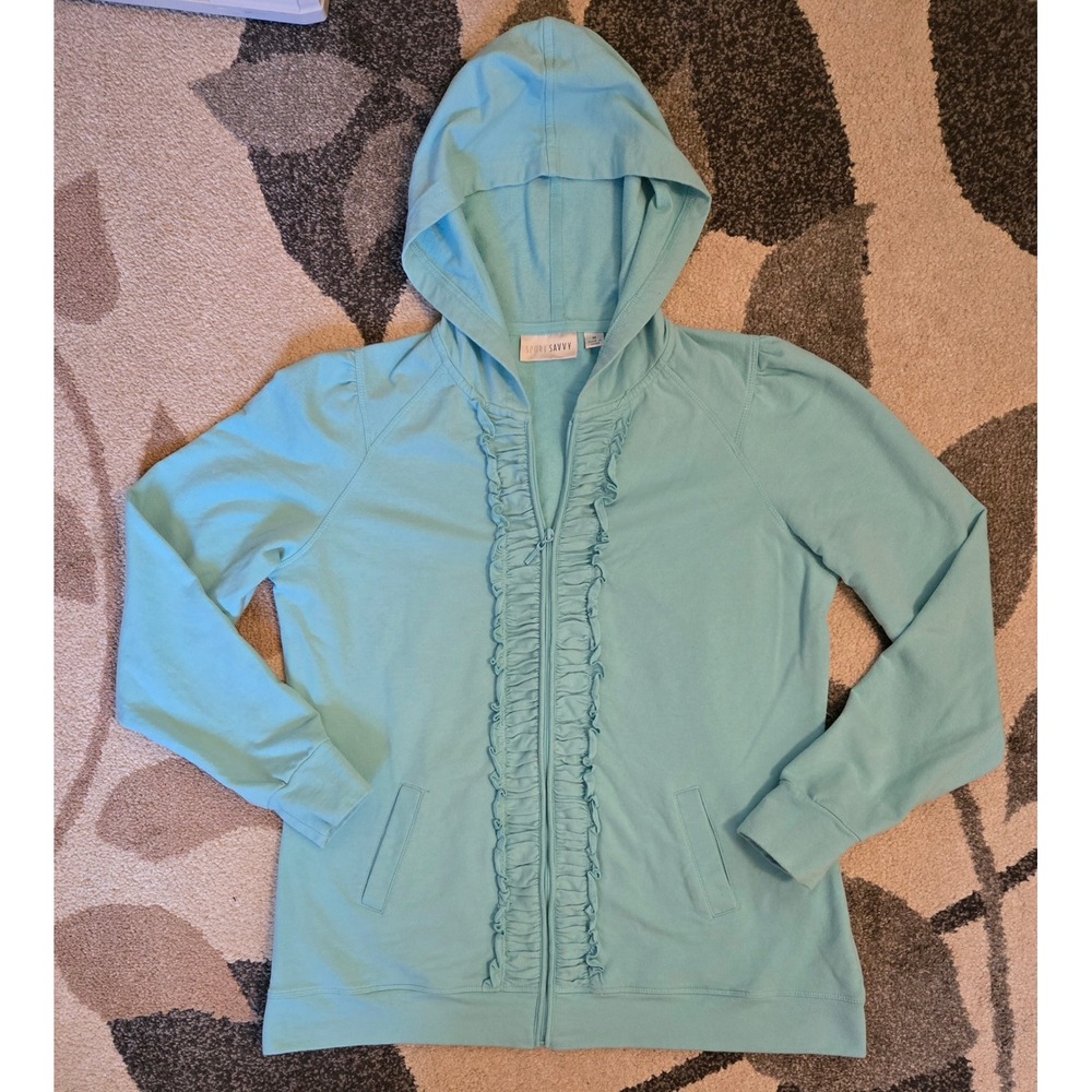 Sport Savvy Cute Women's M Aqua Blue Ruffle Trim Full Zip Hoodie Sweatshirt